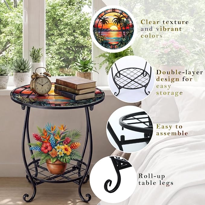 Cinnvoice Outdoor Side Table Round Small Mosaic Patio Accent Indoor End Plant Coffee Tea Table for Yard Patio Porch Garden Living Room, Bedroom(Palm Tree Style,14 Inch)