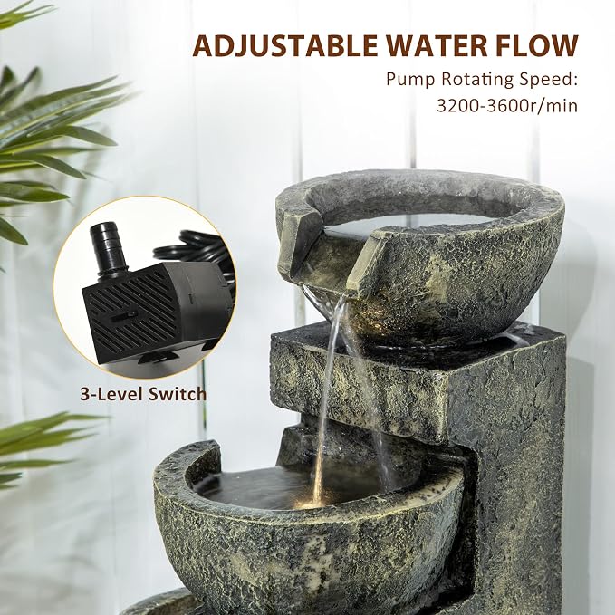 Outsunny Outdoor Fountain with 4-Tier Stacked Stone Look Bowls, Cascading Waterfall, Adjustable Flow & LED Lights, Rustic Décor for Patio, Zen Garden, Backyard, Porch, Gray