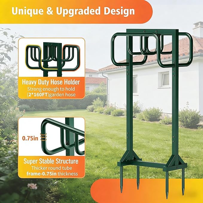 HeroicLion Garden Hose Holder Holds 2 x 160FT Hoses, Super Stable Water Hose Holders with 4 Spikes, Rustproof Freestanding Hose Stand Hanger Garden Hose Storage for Outside Yard Lawn Farm, Green