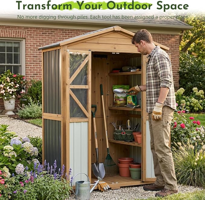 Outdoor Wooden Storage Shed Cabinet with 6 Adjustable Shelves | 48.8'' Tall Outdoor Cabinets with Lockable Double Doors, Transparent Window, Hooks, Reinforced Structure, Waterproof Roof