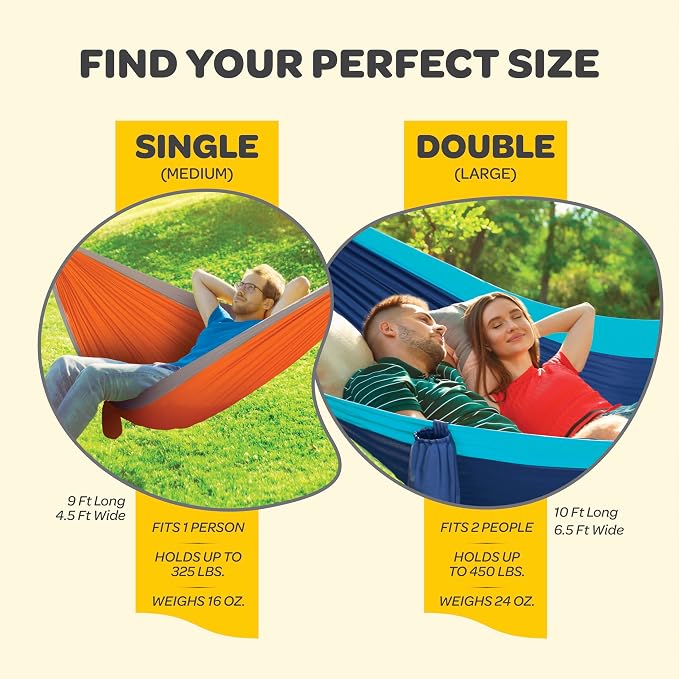 Durable Hammock 500 lb Capacity, Nylon Camping Hammock Chair - Double or Single Sizes w/Tree Straps and Attached Carry Bag - Portable for Travel/Backpacking/Beach/Backyard (Large, Red & Dark Grey)