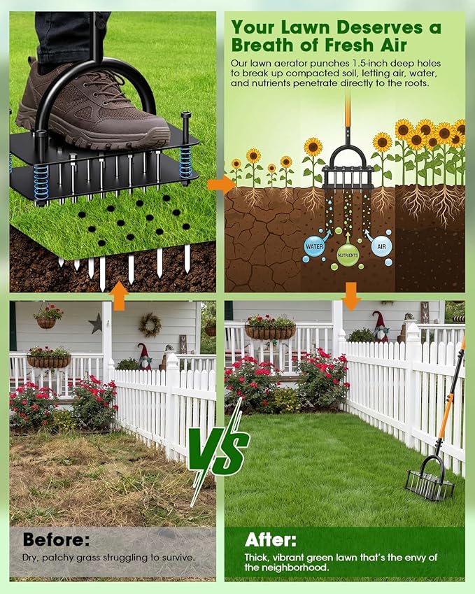 Manual Lawn Aerator Tool, Grass & Yard Aerator, Lightweight 7.7 lb with 21 × 3.5" Steel Spikes, Ergonomic Automatic Reset Design, Deep Soil Aeration for Healthier Lawns