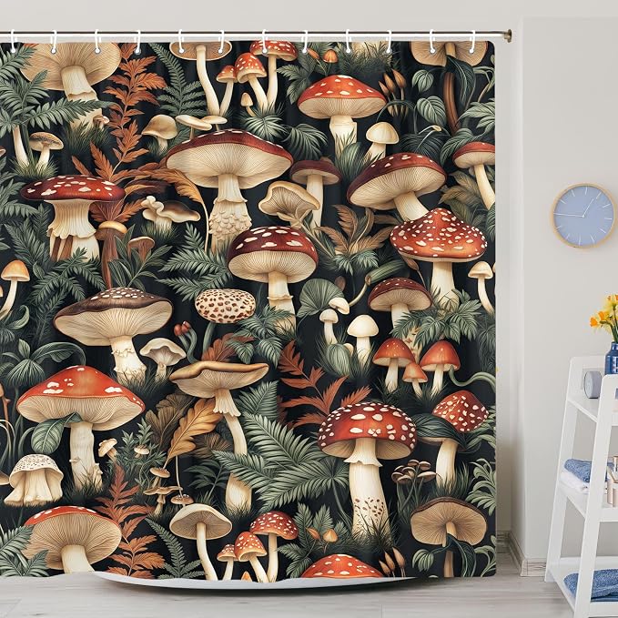 Retro Boho Mushroom Shower Curtain, Vintage Bohemian Witchy Dark Floral Botanical Bath Shower Curtain Set with 12 Hooks, Fairy Nature Plant Botanical Abstract Shower Curtain Bathroom 72"X72" Black