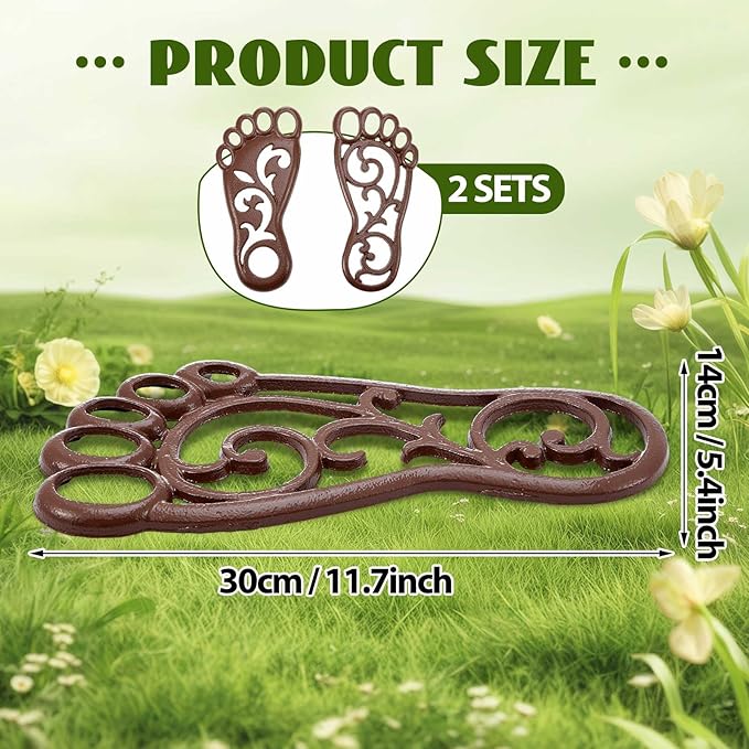 Hicarer 2 Sets Cast Iron Garden Stake Down Stepping Stones Feet Heavy Duty Footprint Stepping Mat Walking Stones for Garden Walkway Decor Cast Iron Flagstone Lawn Panel Walkway Landscaping Outdoor