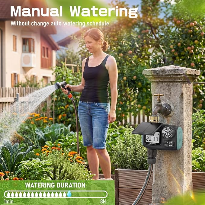 Solar Hose Timer, CyberOrd Sprinkler Timer Programmable with Brass Swivel, Programmable Faucet System for Garden Hose with Rain Delay/Manual/Automatic, Drip Irrigation System for Outdoor, Yard, Lawn