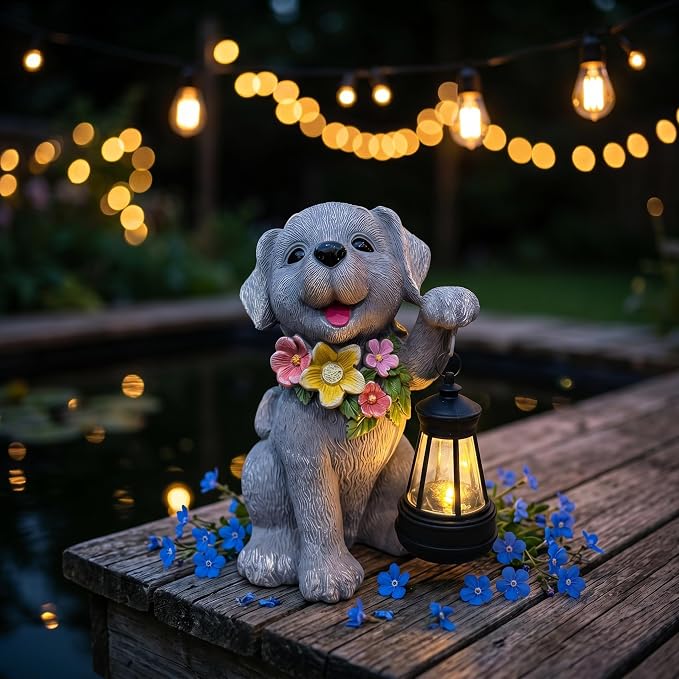 Dog Solar Light, Solar Dogs Statues Outdoor with Lantern, Cute Dogs Garden Figurines for Patio and Yard Decor, Gardening Gifts for Mom, Grandma, Dog Lovers