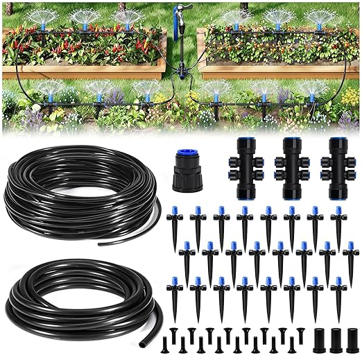 HIRALIY 140FT Quick-Connect Drip Irrigation Kit, Garden Watering System with 120FT 1/4" Tubing, 20FT Main Hose & 24 Adjustable Drippers for Raised Beds, Vegetable Rows & Larger Gardens