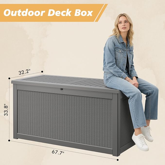 Fancyango 280 Gallon Outdoor Deck Box Waterproof, Large Storage Box for Patio, Resin Storage Bench Lockable for Garden Tools, Package Delivery, Grey