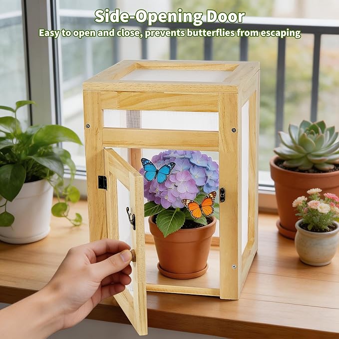 Wooden Butterfly Habitat Cage Kit, 15.75 Inch Monarch Caterpillar Habitat, Mesh Butterfly Enclosure for Raising Butterflies, Insect Observation House for Kids, Classroom, Garden