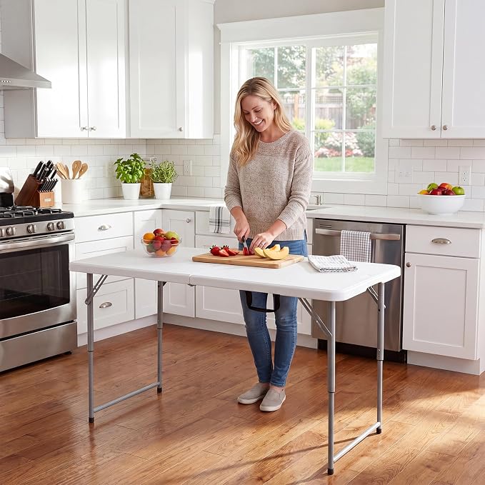 Byliable Folding Table 4 Foot, Heavy Duty Portable Plastic Fold-in-Half Utility 4ft Folding Table with Carrying Handle for Indoor Outdoor, Camping Picnic Party, White