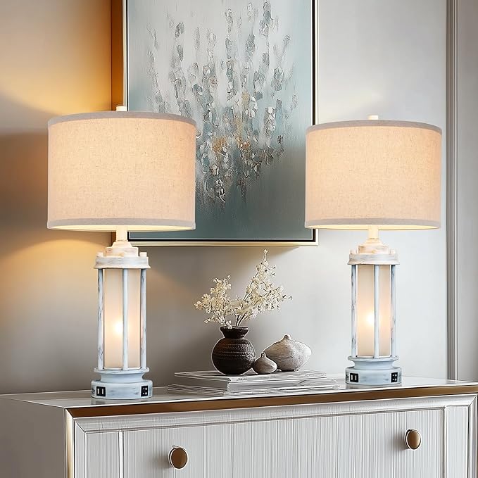 AIEAMPDO 25" Set of 2 Antique White Rustic Table Lamps 2 USB C+A Ports | Vintage Farmhouse Design With Glass Night Light. Nightstand Lamps For Living Room, Bedroom And Dorms, 4 Bulbs Included