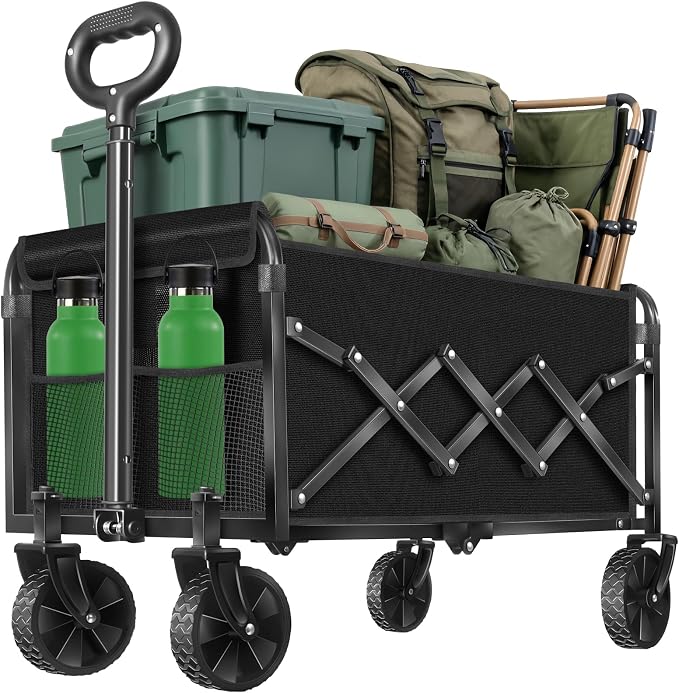 Collapsible Wagons Carts Foldable Wagon, Foldable Wagon Cart with Wheels, Folding Wagons for Beach Camp Sports Garden, 2 Cup Holders/Lightweight Portable/Black/280 LBS