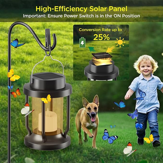 Solar Lantern Outdoor & Indoor Use – Hanging Solar Lights with Realistic Flickering Flameless Candle, Weatherproof for Gardens, Patios, Trees, and Lawns (Black + Amber, 2 Pack)
