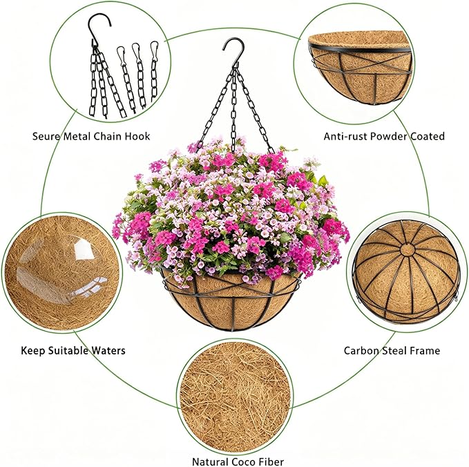 4 Pack 20 Inch Hanging Planters Baskets for Outdoor Plants Extra Large Deep Hanging Baskets with Natural Coconut Liner Flower Pots for Porch Balcony Garden Decor