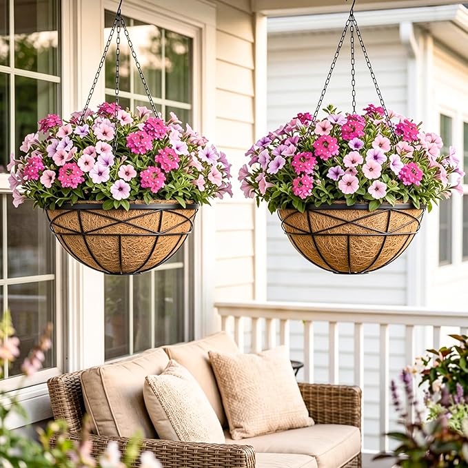 4 Pack 18 Inch Hanging Planters for Outdoor Plants Extra Large Hanging Baskets Flower Pots with Natural Coconut Liner for Porch Balcony Garden Decor