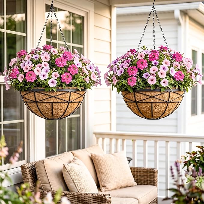 2 Pack 20 Inch Extra Large Deep Hanging Planters for Outdoor Plants Watering Hanging Baskets Flower Pots with Coco Liners Metal Hanging Plant Holder for Porch Balcony Garden Decor