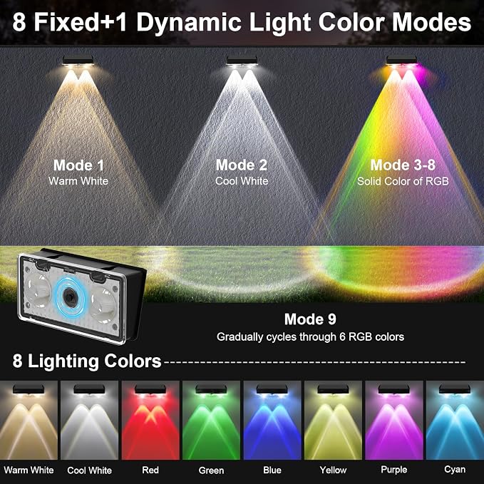 Solar Fence Lights Outdoor 12 Pack, Warm White & Cool White & 6 Colored+RGB Color Changing, High Brightness LED Spot Lens Deck Lights Dusk to Dawn for Backyard Railing Patio Wall, IP65 Waterproof
