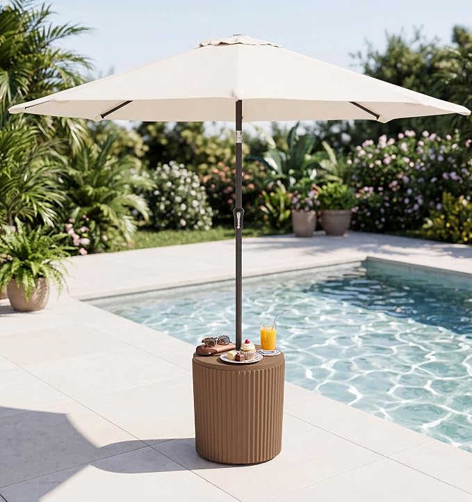 SERWALL Round Outdoor Umbrella Side Table Set of 2 - Outdoor Patio Table with Umbrella Hole for Porch/Patio/Poolside, Brown