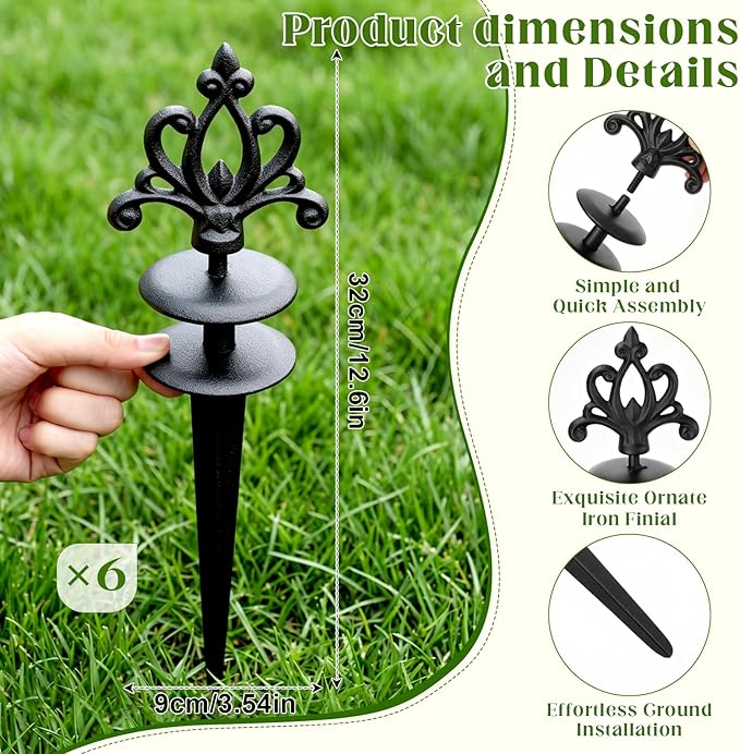 Zonon 6 Packs 12 Inch Garden Hose Guide Stake Heavy Duty Cast Iron Hose Guides Spike Decorative Garden Stakes Protector for Lawn Yard - Keeping Hoses Away from Flower Beds(Elegant Style)