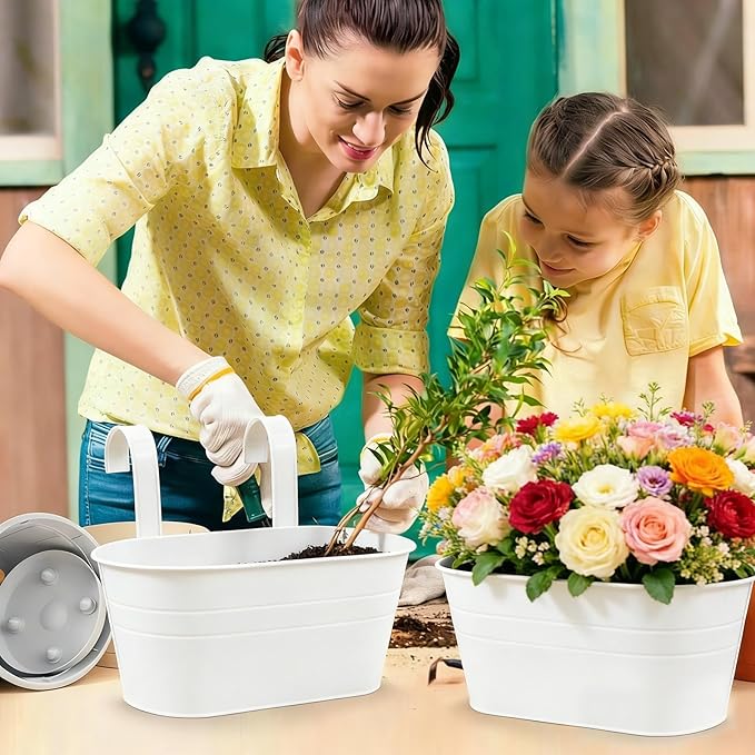 RIOGOO Hanging Planters, Set of 4, Metal Iron Flower Pots with Detachable Hook, White, 10.7" Diameter, Indoor and Outdoor Wall Decor