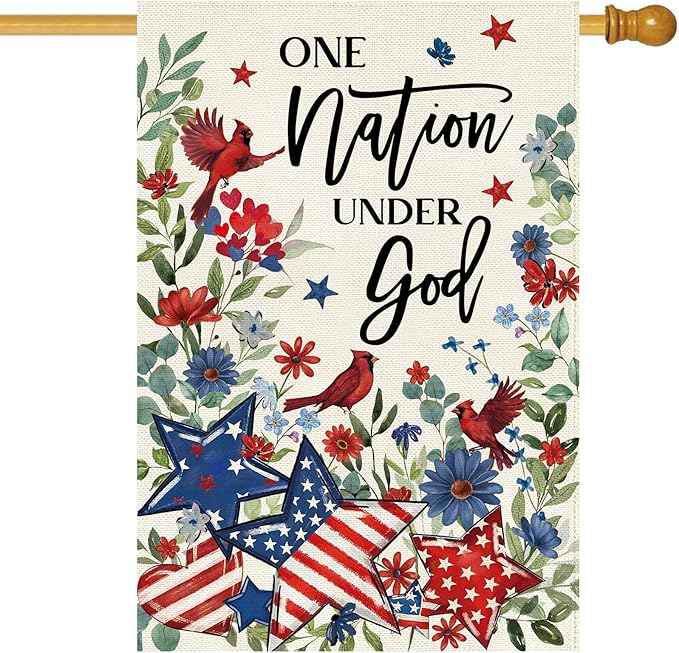 Baccessor 4th of July Cardinal House Flag 28 x 40 Inch Double Sided Burlap,the One Nation Under God Patriotic Memorial Day American Summer Yard Holiday Seasonal Outdoor Outside Decoration