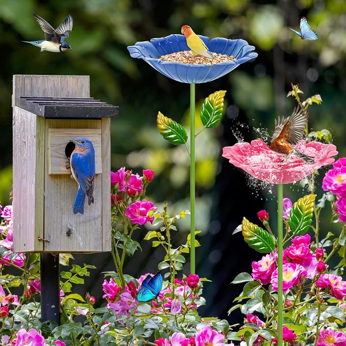 2 Pack Bird Baths for Outdoors, Colorful Metal Bird Bath for Outside, Hummingbird Bath with Five Stakes, Garden Flower Small Birdbath for Garden Decor, 31.3" H x 10.63" Dia (Royal Blue,Pink)