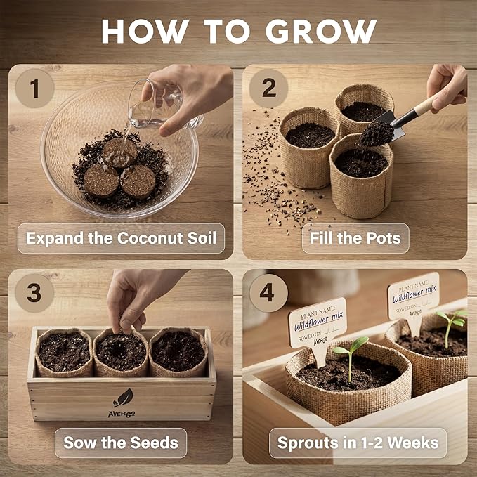 AVERGO Wildflower Seed Mix Growing Kit - Perennial Wild Flowers | Ideal Gift - Also Includes Planters, Soil, Wooden Box, and Gardening Tools for Indoor Garden and Patio Planting