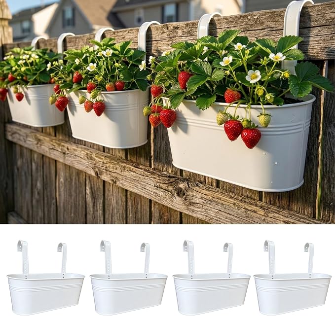 LaLaGreen Planter Boxes for Outdoor (4 Pack, 17 Inch) White Metal Deck Railing Hanging Flower Pots, Large Window Box Plant Holder Hooks Fence Rail Buckets Herb Boho Style Wall Mount Porch Garden Decor