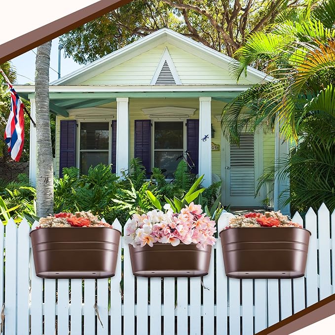 Hicarer Metal Hanging Flower Pots for Railing Fence, Large Hanging Rail Planters for Outdoor Window Balcony Plants Holder with Hooks for Garden Yard Home Decor(Chocolate,4 Pcs)