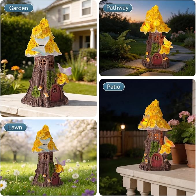 Fairy Garden House, Solar Fairy House for Outside Decor, Mushroom Outdoor Garden Statues for Yard, Lawn, Balcony Patio, Outdoor Figurine Lights Gifts for Mom Women