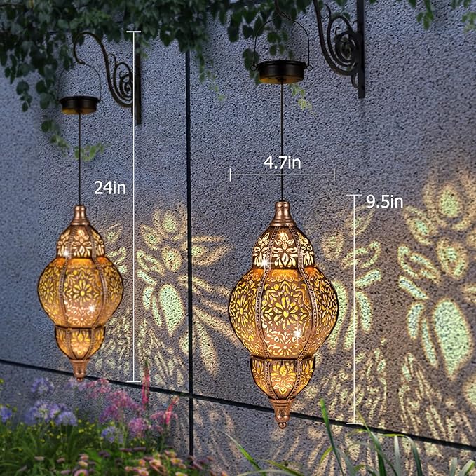 Hanging Solar Lantern Outdoor Decor, Moroccan Solar Lights for Outside Garden Decorations, Waterproof Solar Lanterns Garden Gifts for Mom, Women, Patio, Yard Ornament (Coppers)