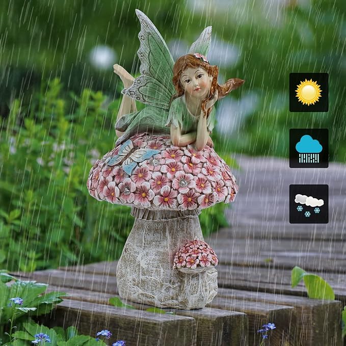 Suyorpe Solar Fairy Garden Statue Lights Outdoor Decor - Fairies Mushroom Resin Waterproof Figurine for Patio Backyard Yard Lawn Decoration,Gift for Mom Grandma Wife