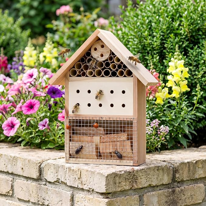 2 Pcs Wooden Bee Houses for Garden Insect Hotel for Ladybug, Mason Bee, Bugs Outdoor Hanging Natural Beneficial Insect Habitat for Garden and Yard, 9.8 x 7.8 x 2.95 Inch