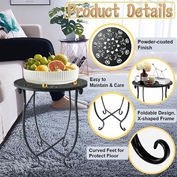 Outdoor Side Table, 14-inch Small Round Metal Patio Table with Flower Cut-Out Design, Set of 2 Modern Rust-Proof Portable End Table Patio Side Table for Outside Garden Balcony Yard & Indoor Use