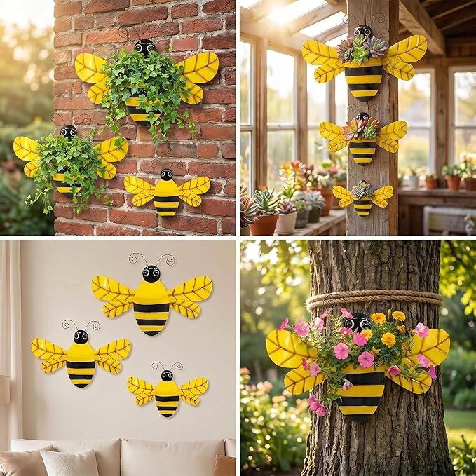 3 Pcs 20 Inch Metal Bee Wall Pocket Planter, Rustic Decorative Wall Hanging Planter for Indoor & Outdoor, Flower Plant Pot for Garden Yard Patio Balcony & Fence, Black & Yellow, Set of 3