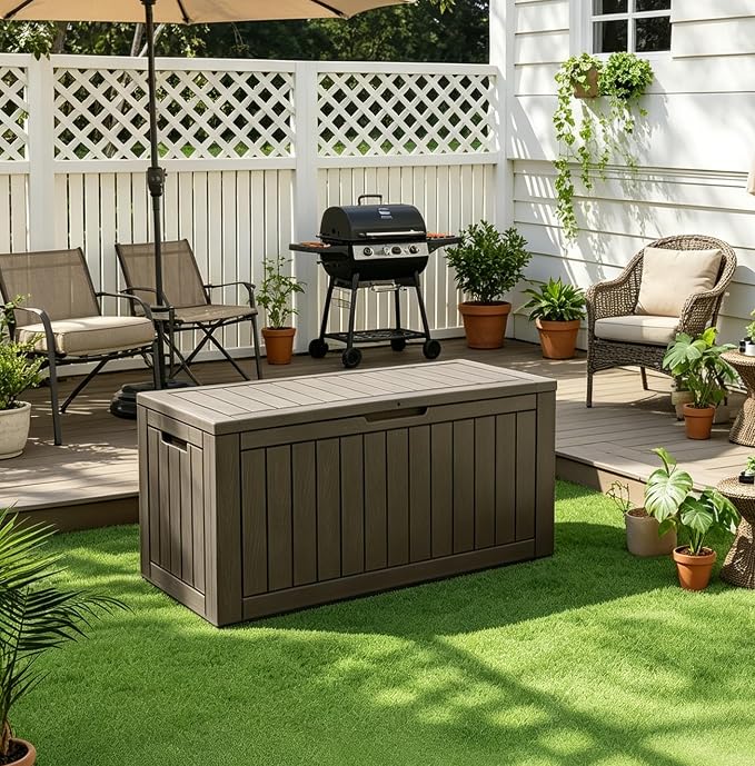 Fancyango 110 Gallon Outdoor Deck Box Waterproof, Large Storage Box for Patio, Resin Storage Bench Lockable for Garden Tools, Package Delivery, Grey