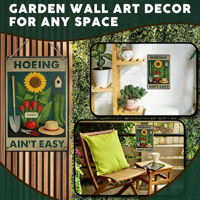 PEACHGARDEN Hoeing Ain't Easy Sign Funny Garden Metal Sign Yard Art Garden Wall Decor Patio Decor for Outdoor Porch Greenhouse Backyard Cabin 8x12 inch