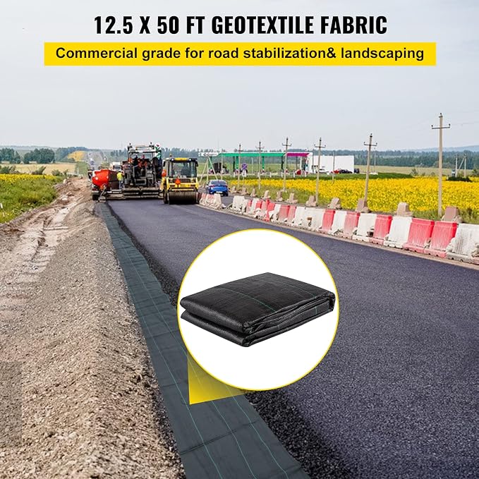 VEVOR Weed Fabric Barrier Heavy Duty, 12.5x50ft 3.5oz Weed Blocker, Woven Landscape, Garden Weed Barrier, Weed Control Fabric Ground Cover, Geotextile, Gardening Mat, Black