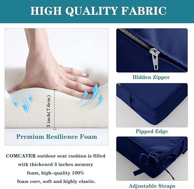 Outdoor Bench Cushions 42 x 18 Inch Thick Waterproof Porch Swing Cushions with Tie Patio Furniture Chair Cushion Bench Pad Color Fastness Backyard Seat Pads Navy