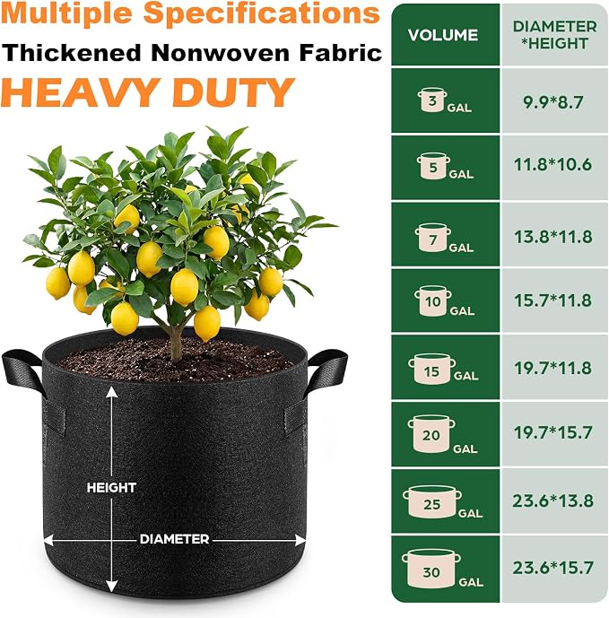 Songrey 10-Pack 20 Gallon Grow Bags, Thickened Nonwoven Fabric Pots with Handles, Heavy Duty Garden Planter for Tomato, Vegetables and Flower