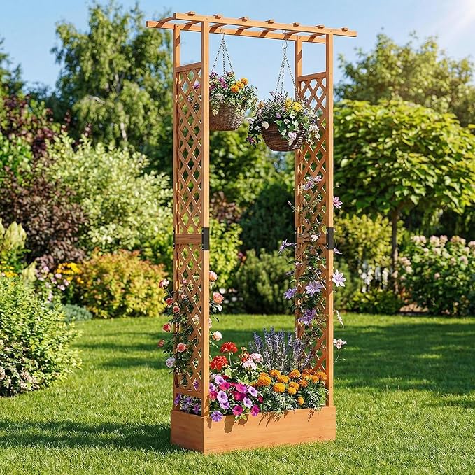 Giantex Wooden Raised Garden Bed with Trellis & Hanging Roof, 2 Pack Fir Wood Planter Box, 89” Freestanding Elevated Garden Bed for Outdoor Climbing Plants Vegetables Flowers, Patio & Balcony, Orange