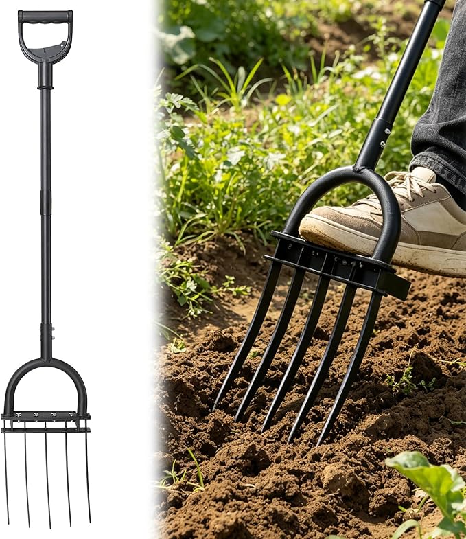 Broad Fork Garden Tool, 55" Heavy Duty 5 Sharp Tines BroadFork Hand Tiller Garden Pitchfork with Ergonomic Handles for Spading Digging Fork Gardening Cultivating Composting and Loosening