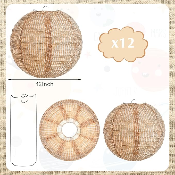 Hortsun 12 Pcs Print Burlap Paper Lanterns Round Chinese Paper Lanterns Farmhouse Boho Classroom Home Decor Classroom Sweet Birthday Party Ceremonial Event (12 Inch)