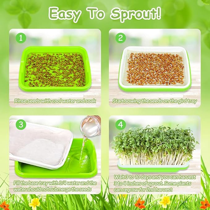 Legigo 5 Pack Green Seed Sprouter Trays- Soil-Free Cultivation Microgreens Tray, BPA Free Nursery Tray with Planting Paper for Indoors or Outdoors Sprouting Seeds, Grow Grass, Beans (Without Lids)