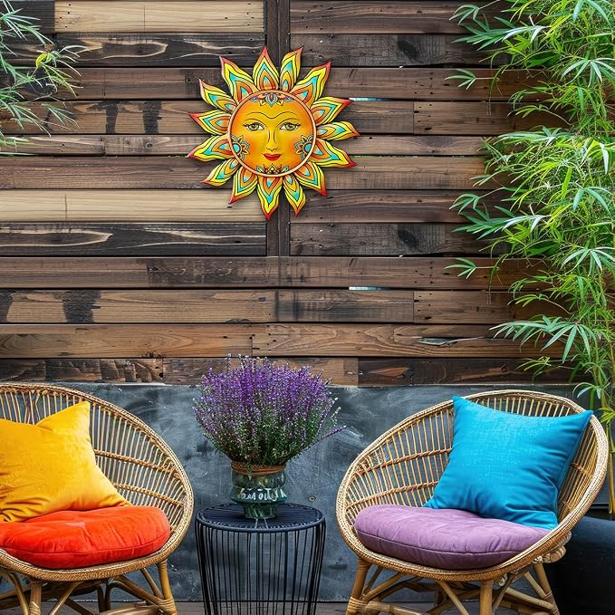 Metal Sun Flower Wall Decor - 12.87 inches Sun Wall Art Hanging Decorations for Outdoor, Home Garden Yard Patio Fence Bedroom Decor, Gifts for Mom Friends
