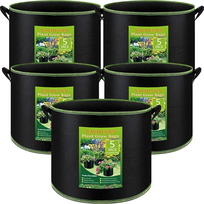 NACHLYNN 5-Pack 10 Gallon Grow Bags with Handles Thickened Nonwoven Fabric Pots Heavy Duty Aeration Fabric Pots Plant or Fruits Flowers Plant