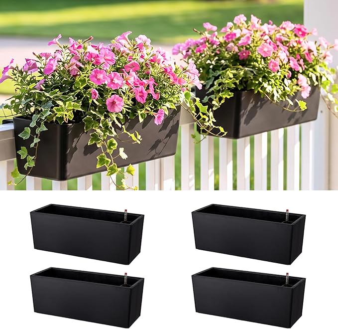 LaLaGreen Deck Railing Planter Boxes (14 Inch, 4 Pack) Self-Watering Window Box Planters with Brackets, Rectangular Hanging Flower Pots for Balcony Fence, Herb Garden Outdoor Black Plastic Planters