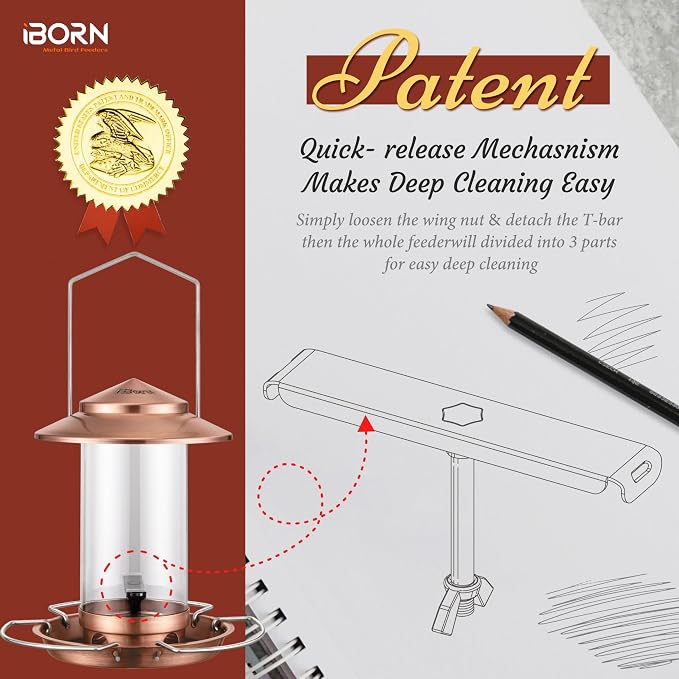iBorn Bird Feeder Metal Squirrel Chew-Proof Bird Feeders for Outdoors Hanging Outside for Cardinal, Holds 1.32LB Seed with 3 Perchs, Brushed Copper (Seed is not Included)