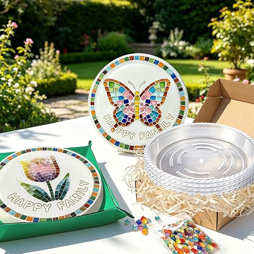 10 Set Reusable DIY Stepping Stone Mold Kit for Family Includes Round Cement Molds, Mosaic Tiles,Letter Mold Tiles,Carving Tools,Mat & Wire Outdoor Walkways Pavement Decoration ((10")