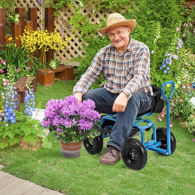 Garden Cart with Seat, Heavy-Duty Rolling Wagon Scooter with Wheels, Height Adjustable & 360° Swivel Seat, Storage Tray, Basket & Handle, Outdoor Gardening Work Seat for Patio Yard(Blue)